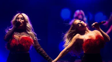 Dumblonde singers Aubrey O'Day (left) and Shannon Bex perform on the main stage during Phoenix Pride at Steele Indian School