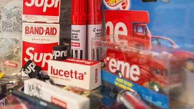 A selection Supreme branded items for sale at Underground Closet in Burlington, VT.Bur061319streetware2