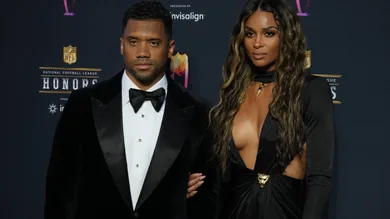 Feb 10, 2022; Los Angeles, CA, USA; Russell Wilson and his wife Ciara appears on the red carpet prior to the NFL Honors awards
