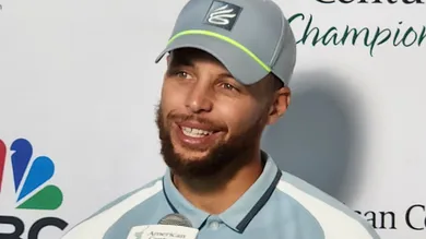 Steph Curry talks to the media Saturday after his second round of the America Century Championship celebrity golf tournament at
