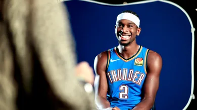 OKC Thunder guard Shai Gilgeous-Alexander answers questions during NBA media day at Paycom Center in Oklahoma City on Monday,