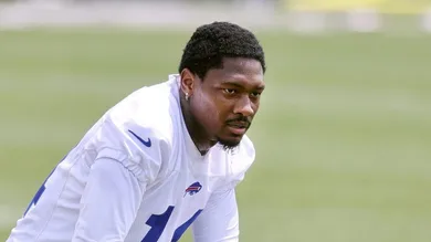 Bills receiver Stefon Diggs takes a break between reps during minicamp.