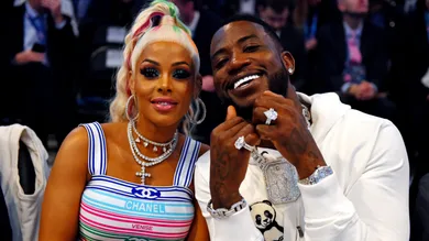 Feb 17, 2019; Charlotte, NC, USA; Recording artist Gucci Mane with his wife Keyshia Ka'Oir during the 2019 NBA All-Star Game at