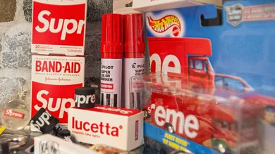 A selection Supreme branded items for sale at Underground Closet in Burlington, VT.Bur061319streetware2