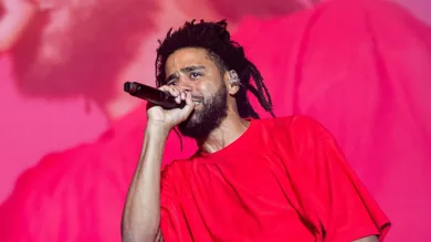 J. Cole performs on the What Stage during the Bonnaroo Music and Arts Festival held in Manchester, Tenn., on Friday, June 17,