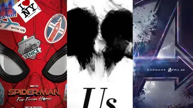 Official movie posters for "Spider-Man: Far From Home," "Us," and "Avengers: End Game"