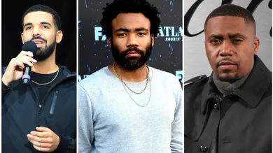Drake via Vaughn Ridley/Getty Images, Childish Gambino via Kevin Winter/Getty Images, Nas via  Kelly Sullivan/Getty Images