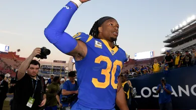 Todd Gurley #30 of the Los Angeles Rams celebrates a 36-31 win over the Seattle Seahawks at Los Angeles Memorial Coliseum on November 11, 2018 in Los Angeles, California.