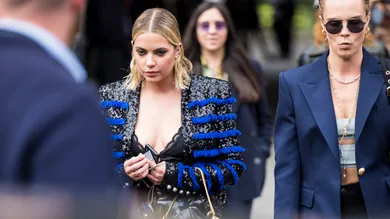 Ashley Benson and Cara Delevingne are seen after the Balmain show on September 28, 2018 in Paris, France.