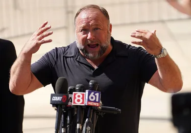 Alex Jones Speaks To The Media Outside The Sandy Hook Trial In Waterbury, Connecticut