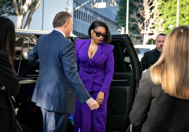 Megan Thee Stallion whose legal name is Megan Pete arrives at court to testify in the trial of Rapper Tory Lanez for allegedly shooting her