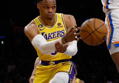 LeBron James #6 of the Los Angeles Lakers sets the All time scoring record.