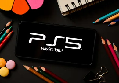 In this photo illustration a PlayStation 5 logo seen