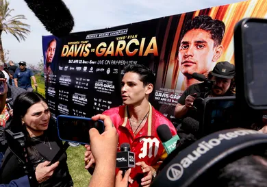 Lightweight boxer Ryan Garcia holds his media day event at a mansion in Beverly Hills as he prepares for his championship fight against Gervonta Davis.
