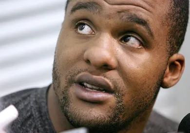(042811 Waltham, MA) Glen Davis talks with reporters during Celtics practice, Thursday, April 28, 2011. Staff photo by Angela Rowlings