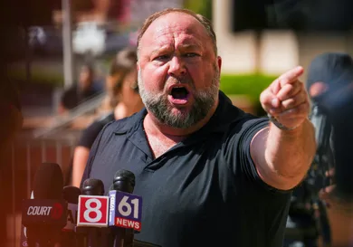 Alex Jones Speaks To The Media Outside The Sandy Hook Trial In Waterbury, Connecticut