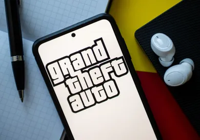 In this photo illustration a Grand Theft Auto logo seen