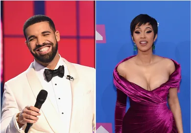 Drake via Michael Loccisano/Getty Images for TNT, Cardi via Jamie McCarthy/Getty Images