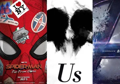 Official movie posters for "Spider-Man: Far From Home," "Us," and "Avengers: End Game"