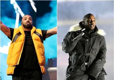 Drake via Christopher Polk/Getty Images for Coachella, Kendrick via Paras Griffin/Getty Images,