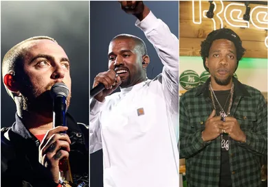 Kanye via Dimitrios Kambouris/Getty Images for Live Nation, Curren$y via Ryan Theriot/Getty Images for Reebok, Mac via Rich Fury/Getty Images