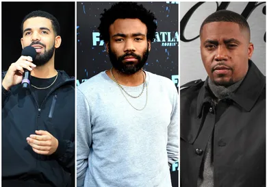 Drake via Vaughn Ridley/Getty Images, Childish Gambino via Kevin Winter/Getty Images, Nas via  Kelly Sullivan/Getty Images