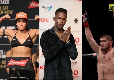 Amanda Nunes: Christian Petersen/Getty Images; Israel: Greg Bowker/Getty Images; Khabib: Michael Reaves/Getty Images