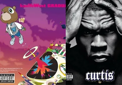 Kanye West "Graduation" album cover; 50 Cent "Curtis" album cover