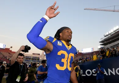 Todd Gurley #30 of the Los Angeles Rams celebrates a 36-31 win over the Seattle Seahawks at Los Angeles Memorial Coliseum on November 11, 2018 in Los Angeles, California.