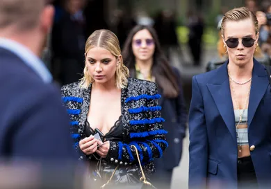 Ashley Benson and Cara Delevingne are seen after the Balmain show on September 28, 2018 in Paris, France.