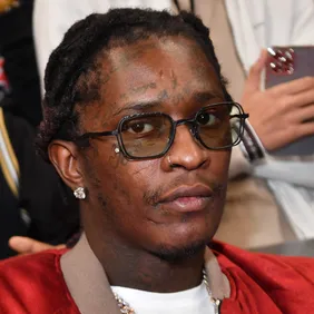 Rapper Young Thug attends the game between the Phoenix Suns and the Atlanta Hawks at State Farm Arena.