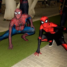 Spiderman cosplayers pose during the 29th edition of Romics