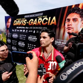 Lightweight boxer Ryan Garcia holds his media day event at a mansion in Beverly Hills as he prepares for his championship fight against Gervonta Davis.