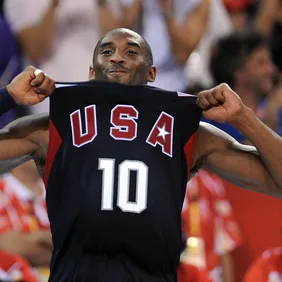 USA's Kobe Bryant celebrates at the end