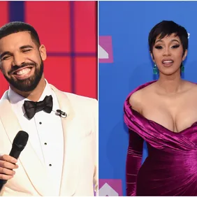 Drake via Michael Loccisano/Getty Images for TNT, Cardi via Jamie McCarthy/Getty Images