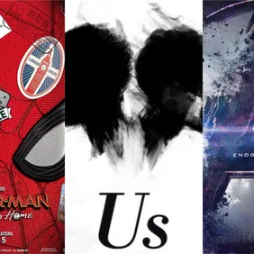 Official movie posters for "Spider-Man: Far From Home," "Us," and "Avengers: End Game"