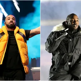 Drake via Christopher Polk/Getty Images for Coachella, Kendrick via Paras Griffin/Getty Images,