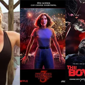 TV show posters: "On Becoming A God in Central Florida," "Stranger Things," "The Boys"