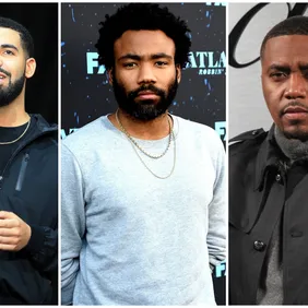 Drake via Vaughn Ridley/Getty Images, Childish Gambino via Kevin Winter/Getty Images, Nas via  Kelly Sullivan/Getty Images