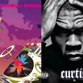 Kanye West "Graduation" album cover; 50 Cent "Curtis" album cover
