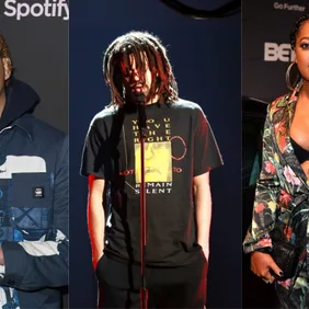 YBN Cordae: Frazer Harrison/Getty Images for Spotify, J. Cole: Leon Bennett/Getty Images, Rapsody: Paras Griffin/Getty Images