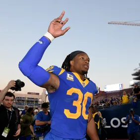 Todd Gurley #30 of the Los Angeles Rams celebrates a 36-31 win over the Seattle Seahawks at Los Angeles Memorial Coliseum on November 11, 2018 in Los Angeles, California.