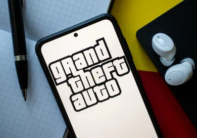 In this photo illustration a Grand Theft Auto logo seen