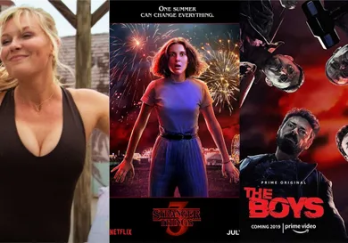 TV show posters: "On Becoming A God in Central Florida," "Stranger Things," "The Boys"