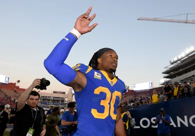 Todd Gurley #30 of the Los Angeles Rams celebrates a 36-31 win over the Seattle Seahawks at Los Angeles Memorial Coliseum on November 11, 2018 in Los Angeles, California.