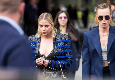 Ashley Benson and Cara Delevingne are seen after the Balmain show on September 28, 2018 in Paris, France.