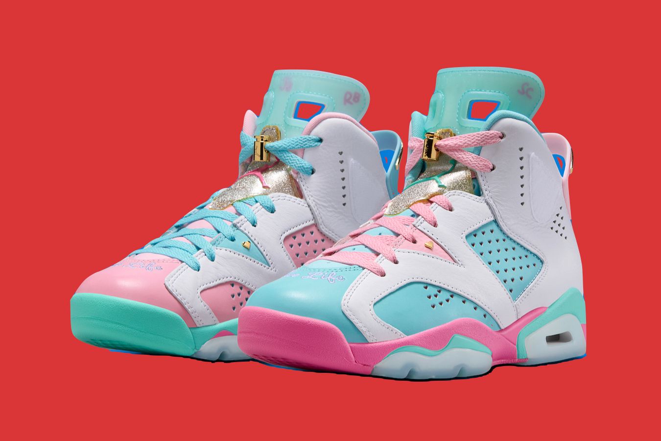 pink and blue jordans 6